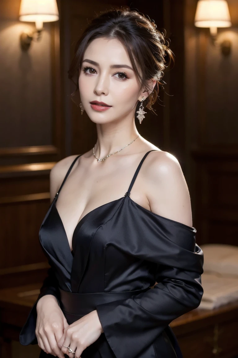 In detail, High resolution, high quality、Perfect dynamic composition, Beautiful fine details, Beauty、Natural color lip、The background is clear、a woman in a tight, velvet dress with an off-the-shoulder design, standing under a crystal chandelier, embarassing smile, cinematic composition, trending on ArtStation.