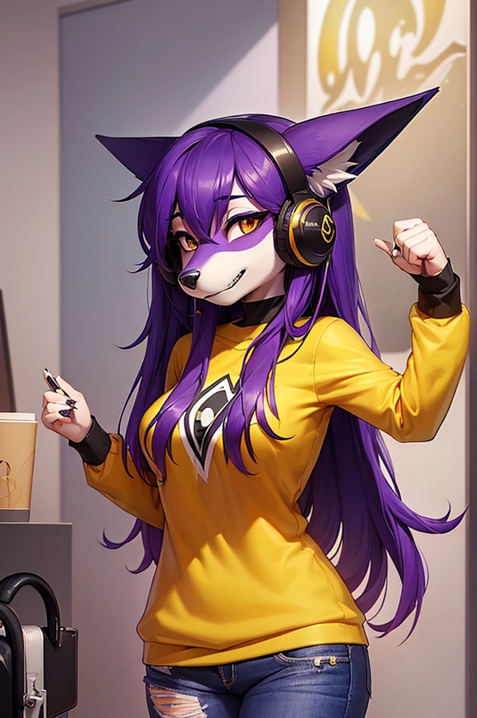 Masterpiece, 1girl, multi color eyes, glowing eyes, purple hair, red lips, upper body, bangs, high ponytail, bangs to the side, long curly, messy hair, busty, pink shirt, big breast, huge breasts, ahegao, pink tank top, ahegao face, cross eyed, drool, red headphones, furry, animal ears, furry skin, fur, animal, cat woman, furry woman, no whiskers, (illustration), (anime), detailed, ((intricate details)), hdr, ((intricate details, hyperdetailed)) headshot, head in frame, full frame, perfect centering, head in photo, shot from top, looking up, portrait, perfect headshot, perfect shot, vibrant colors