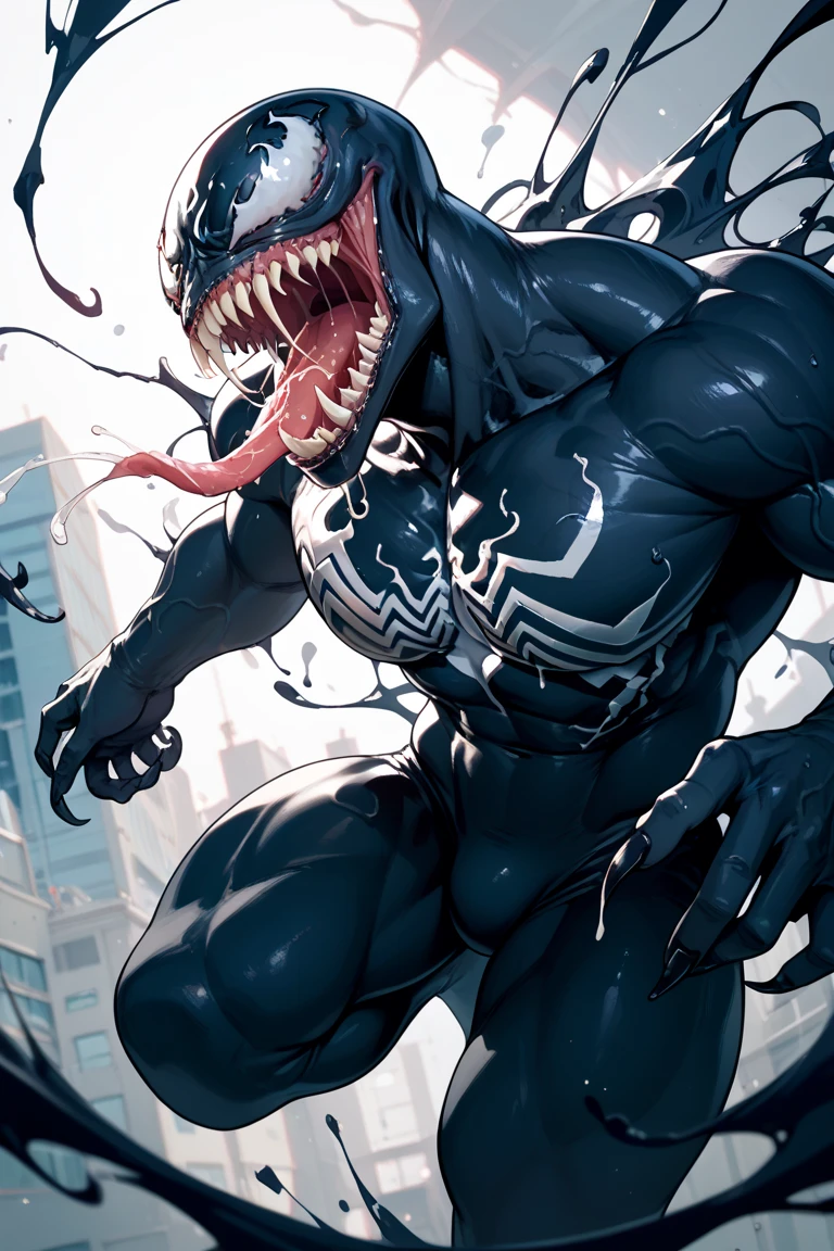 dark and mysterious Venom,symbiote,Human perspective,Humanoid robots,Male/Male,,Black body,creatures,Dripping,Sweat,Wet,Open mouth,Sharp teeth,Long tongue,Muscular male,large pecs,Abs , whiye eyes, black skin,Black and blue body,Sweat,Musuclar, slime attached to the body,Greasy and shiny body, deep colors, black theme