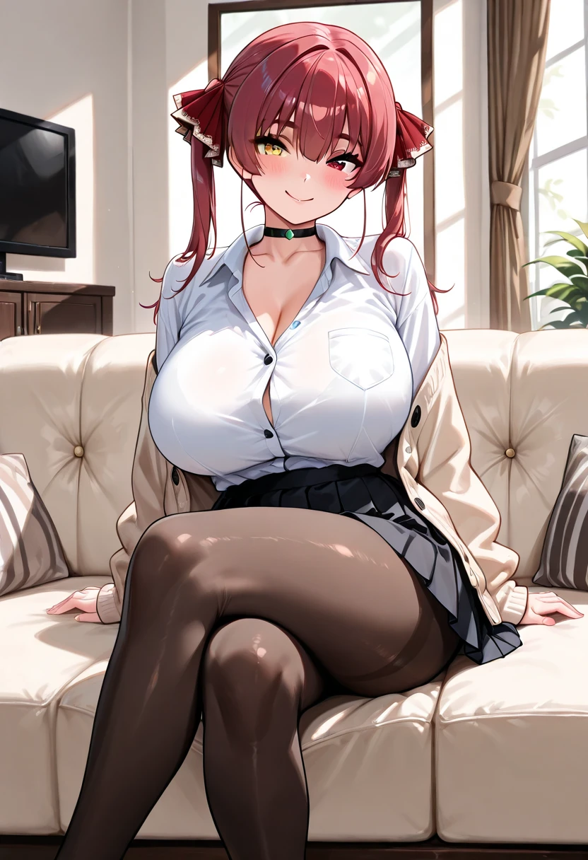 sweet smile, Orange hair, green eyes, huge breasts, black skirt, white shirt, black pantyhose, cleavage, sitting, looking at viewer, earrings, blush, at office
