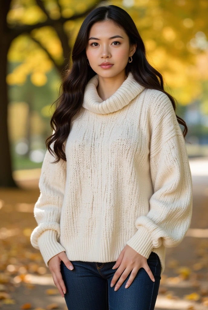 S453_VeniceLei, long hair, modern photo, (wearing large edgPO pullover, edgPO), <lora:edgPullovers:1>, (wearing leggings), (cowboy shot), (35mm, F/2.8) Photo Focus, DOF, Aperture, insanely detailed and intricate, character, hypermaximalist, beautiful, revealing, appealing, attractive, amative, hyper realistic, super detailed, beautiful girl, ((detailed eyes)), long eyelashes, (glossy lips), standing in the park, lake in the background, daytime, bright lighting, solo