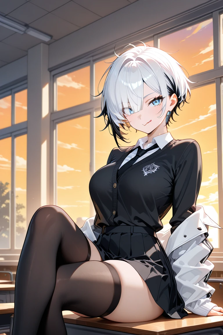 (High quality, High resolution, Fine details), BREAK (secretary, white shirt, black leather short skirt, black thighs highs), 21 yo, solo, women, honey skin color, BREAK, white middle hair, black eyes, sparkling eyes, (Detailed eyes:1.2), smile, blush, Sweat, Oily skin, shallow depth of field, full body, thighs, seductive, spicy,