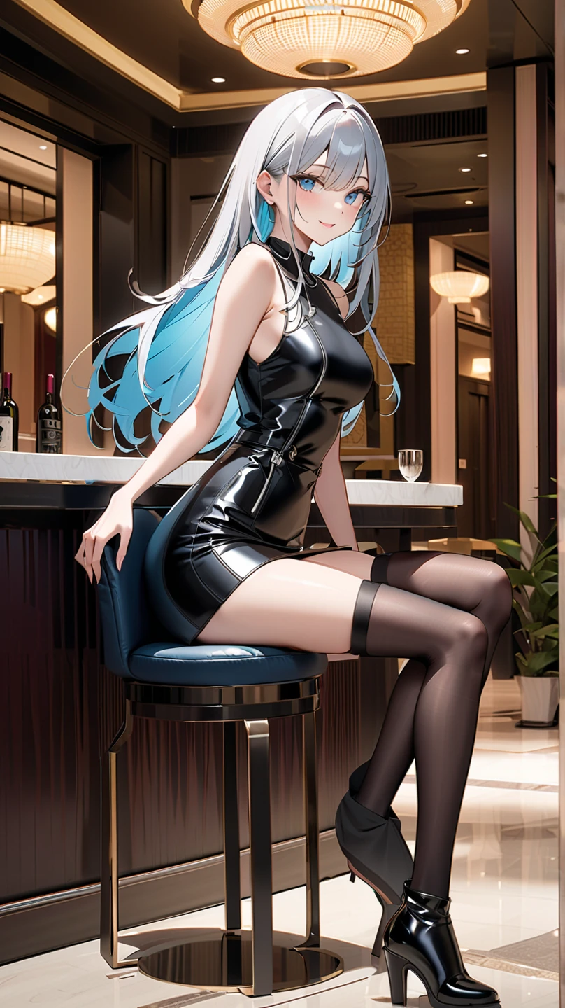 masterpiece, 最好of质量, 聪明of, 强of, of, 有着长长of卷曲金发of美丽女人, blue eyes, Black mini skirt, High heel, leather jacket