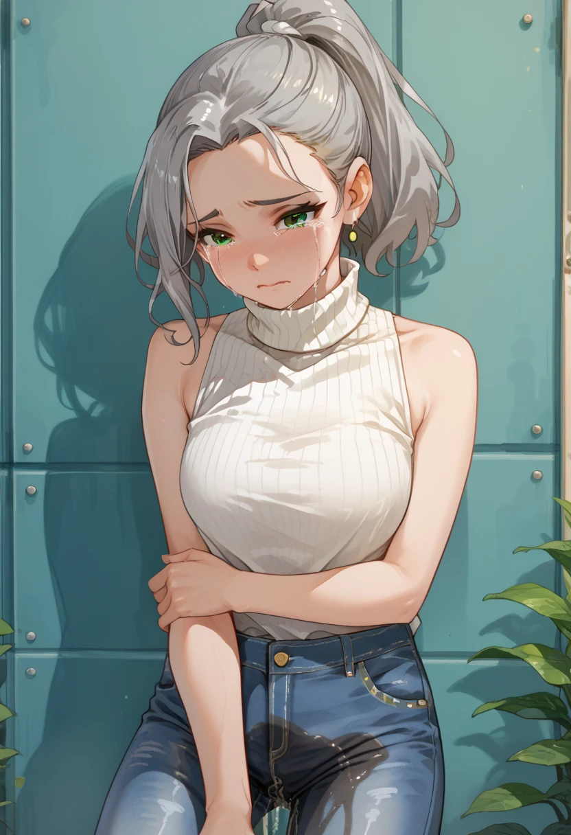 score_9, score_8_up, score_7_up, score_6_up, score_5_up, score_4_up, source_anime, 1woman,shenhedef, lower body, middle breasts, braids, worth, smile, gray hair, hairpins, gray eyes, long hair, dark blue shirt, black pants, crossed arms, wall, room, looking at the viewer, best quality, best res, 4K UHD,