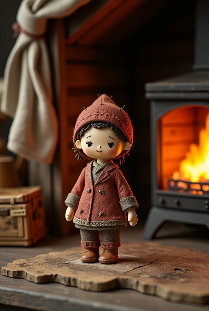 There is a boy inside a wooden cabin, 7 years old, winter clothes