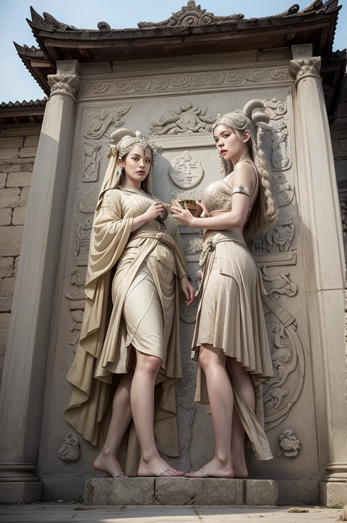 Greeks goddess Medusa wearing Greek goddess dress, Snakes, Woman body defined thick thighs, stoned mens statues behind.