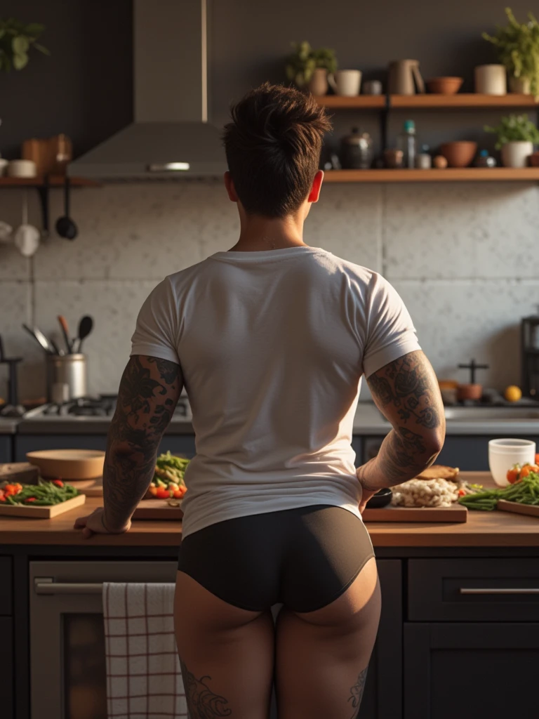Husband cooking in kitchen wearing sexy lingerie 
