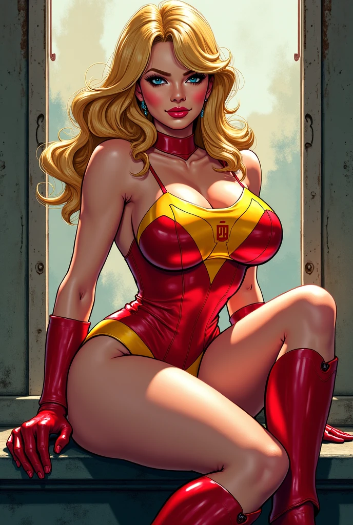 (best quality,8k:1.2,high resolution:1.2),ultra-detalhado,Realistic,vintage super hero female,long blonde curly hair,rosto extremamente detalhados,long eyelashes,all sheer shiny red and blue leotard de latex Apertado,glossy suntan pantyhose, gloves,Glossy metalic accessories,Physically-based rendering,sharp focus,studio lighting
