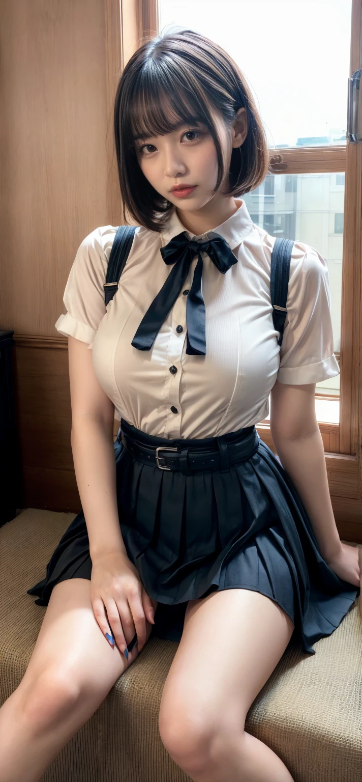 muster piece, best quality, illustration, Super detailed, fine details, High resolution, 8K,wall paper, perfect dynamic composition,(Details High quality, realistic depiction of eyes:1.3), (collared shirt:1.1), pleated skirt, short bob hair、black hair color, Big Natural Color Lip, bold sexy pose, crying a little、cold gaze, Harajuku style、acrobatic pose, 20 year old girl、cute type、lolita、beautiful legs, hotel room, gravure idol, Voluptuous thighs, huge breasts