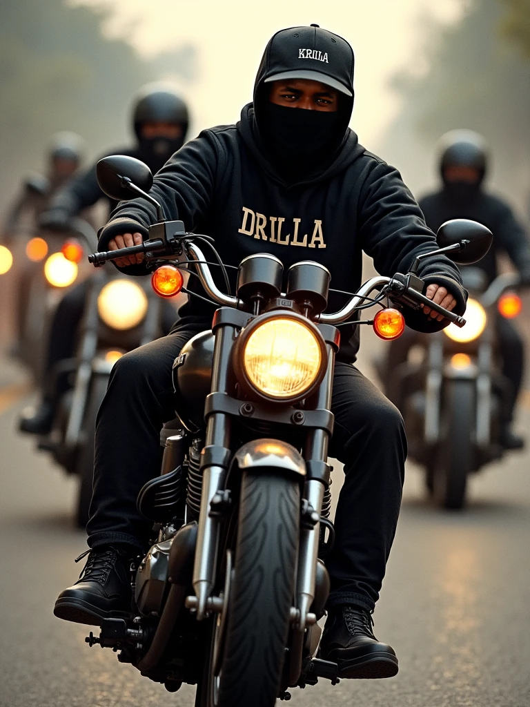 An image of a man wearing a sweatshirt that says sexologists bikers and wearing a sports AGV motorcycle helmet with the visor closed and with motorcycles in the background and two women in bikinis next to him wearing an AGV motorcycle helmet with the visor closed
