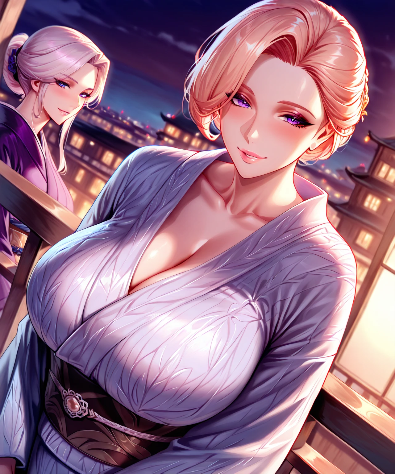 Tsunade, blonde hair, huge breasts, mature female, (masterpiece:1.2, best quality:1.2, beautiful, high quality, highres:1.1, aesthetic), detailed, extremely detailed, ambient soft lighting, 4K, perfect lighting, yukata, off shoulder, (SFW)