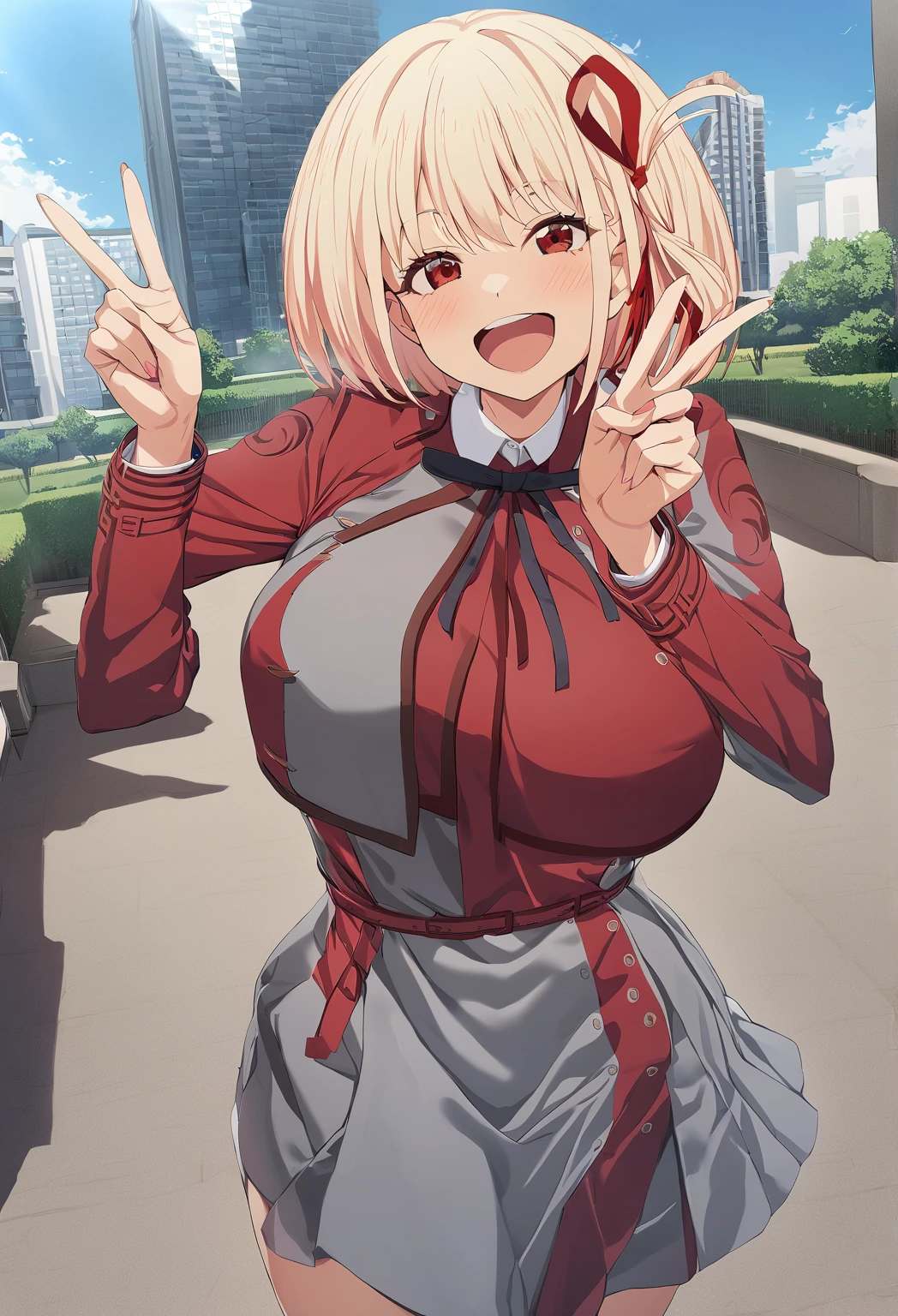 masterpiece, Highest quality, One girl, game cg nishikigi chisato, Bobcut, Hair Ribbon, Uniform sake, Two-tone dress, Red dress, Grey Dress, Neck ribbon, Long sleeve, Large Breasts,Dark bedroom, Wink, Are standing,, Open your mouth, Happy, smile、OK near the mouth、Sticking out tongue