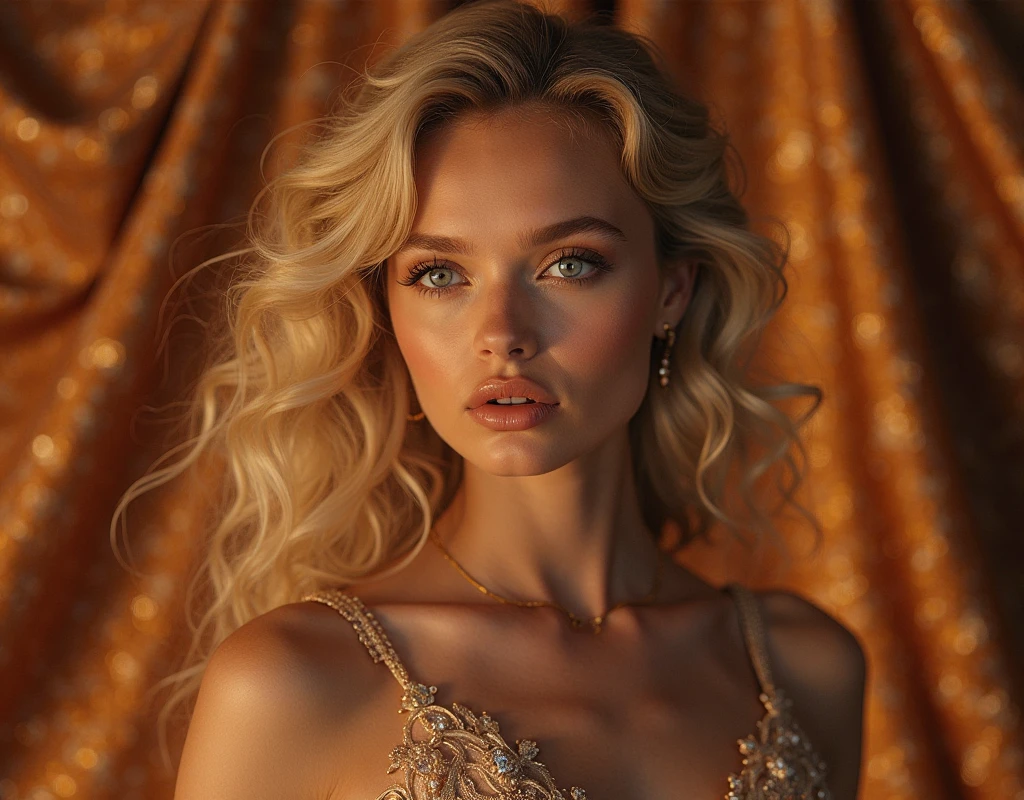 new fashion desing whit blondy model, photorealistic, 8K, highly detailed, professional fashion photography, blond female model, wearing elegant dress, confident posture, captivating gaze, flawless skin, radiant, golden blonde hair, luxury background, glossy fabric textures, dramatic lighting, cinematic atmosphere, fashion editorial, cinematic color grading, beauty portrait, full body