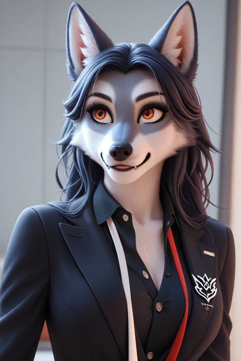 score_9, score_8_up, score_7_up, score_6_up, score_5_up, score_4_up, 1girl, solo, bear, green eyes, furry female, furry, animal ears, long hair, black hair, (((black skirt suit))), three-piece suit, tuxedo, black bowtie, blazer, waistcoat, double-breasted waistcoat, (((bodycon miniskirt))), miniskirt, waist up, standing, upper body, smile, looking at viewer, silk clothing, formal clothing, high end fashion, shiny clothing, shiny lapel, white gloves, (((adjusting bowtie))), tightening bowtie, proud, confident, smug
light blue background, simple background,
