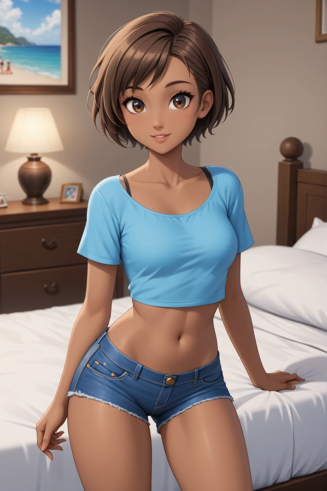 1girl, woman, spanish, dark skin, adult, short hair, very short hair, hazelnut eyes, brown hair, slim body, bigger chest, in her bedroom, blue short sleeve top, jeans shorts, cute bedroom, view by the sea