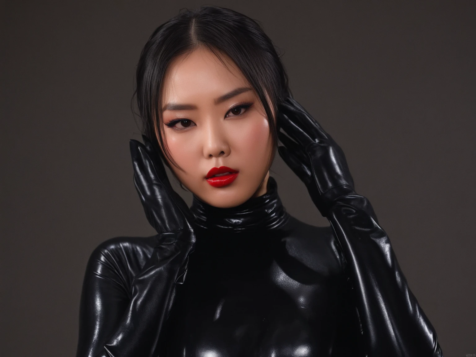 nsfw、sexy asian fashion model、glossy lipstick、smiling face、defined eyebrows、ultra detailed drama makeup、long lashes、full body Esbian、ultra detailed latex business dress、latex choker、latex bracelets、Colorful hair