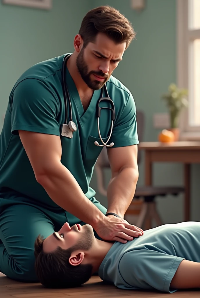 a doctor performing a palpation examination on a patient in an office, with the patient being healthy, thin and male