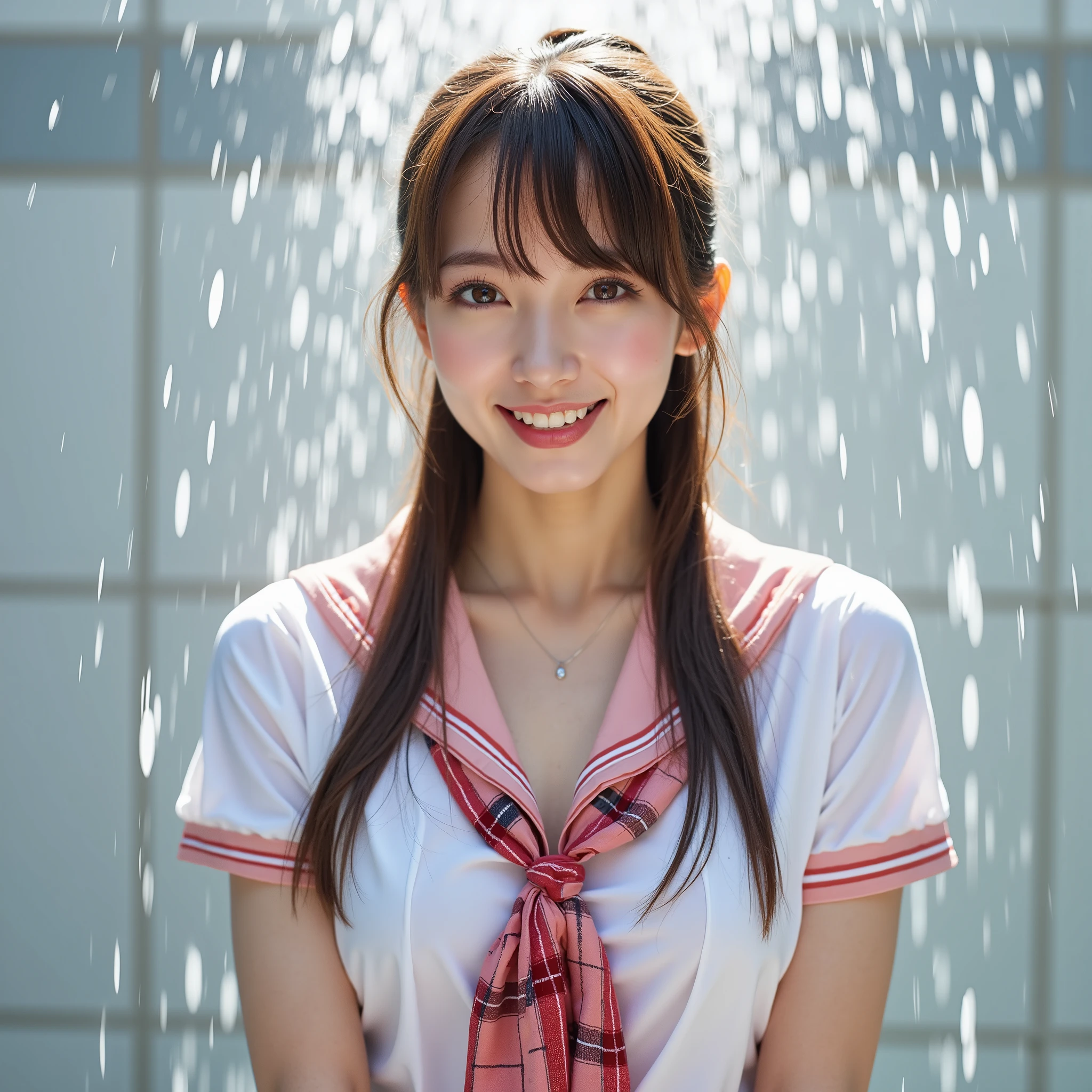 like an idol ,long hair , straight hair , Ultra Clear Focus, Super beautiful face, full body portrait, white sailor suit, as shown in the picture, in a lingerie shop,
white sailor suit, Short sleeve, navy sailor color, Red ribbon scarf, pink and red plaid, 8 denier shiny blue stockings, Flower print on stockings, stick out your tongue and open your mouth wide , BREAK,
I'm taking a shower, wet bodies, wet clothes, clothes that stick to the body when wet, ((Water Drop, Hot flowing water )), (Glow effect:1.5), BREAK,
(Ultra-detailed:1.30), (absurdres:1.30), (ultra realistic portrait photo:1.25), (Ultra detailed and clear focus:1.20), (female in the center of the image:1.5), (Studio lighting that illuminates the entire person:1.10), (Taken on a sunny day:1.5), BREAK,
(Ultra-detailed beautiful Japanese female idol:1.10), (Ultra-detailed beautiful slender and glamor:1.9), (Perfect anatomy:1.15)), (Cute smile:1.3), (Ultra-detailed big eyes, double eyelids), BREAK,
((Ultra-detailed upturned beautiful breasts, F-cup breasts with deep cleavage:1.5)), Deep V-neck, ((Super skin tight outfit:1.8), BREAK,
(Ultra-detailed finely textured shiny oily skin:1.5), (Glossy skin), ((Ponytail, asymmetrical bangs, ultra-detailed beautifully shiny hair:1.5)), (Light brown hair), BREAK,
(Full body photography:1.5), dynamic angle, golden ratio, BREAK