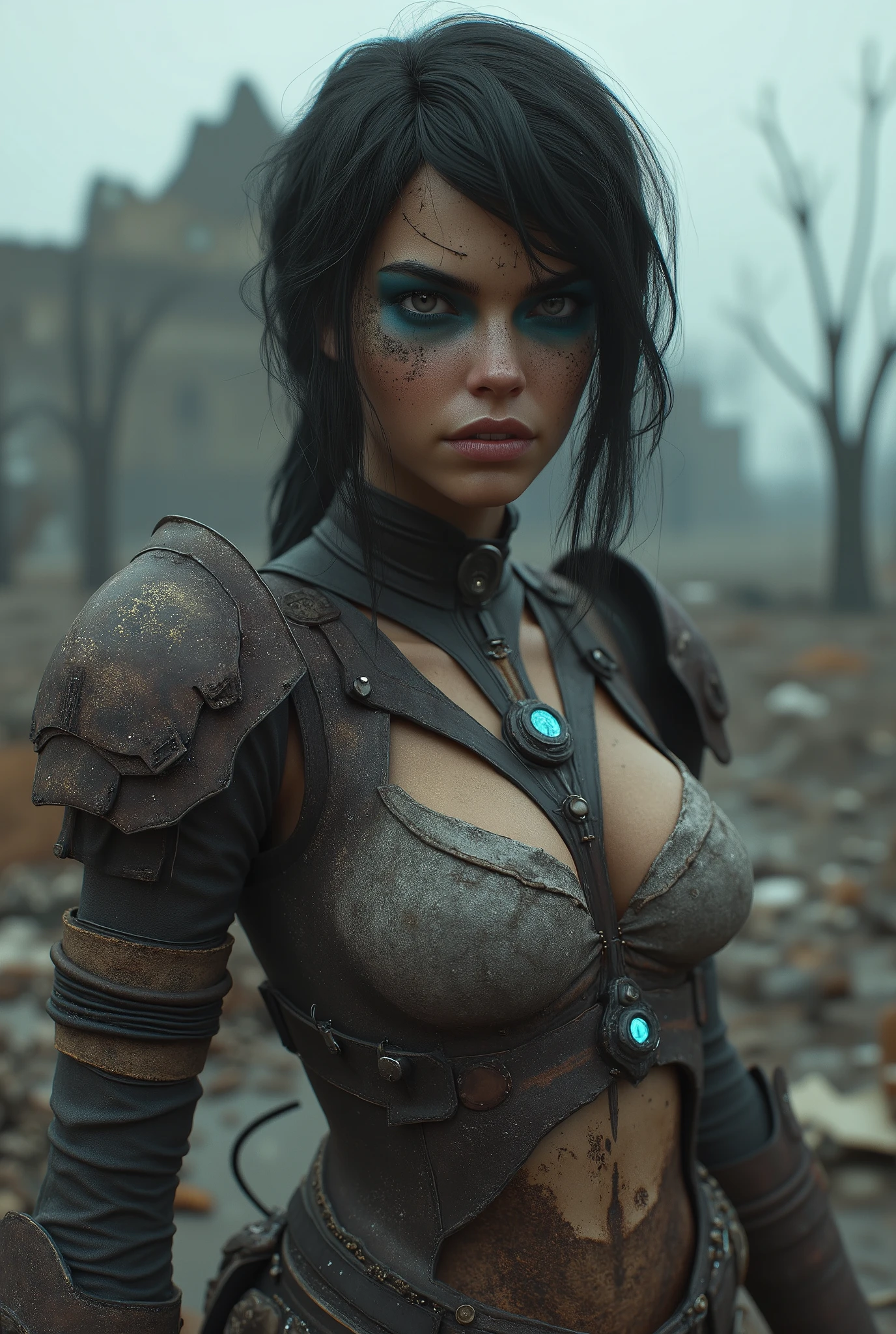 (best quality, hyperdetailed photography:1.2), beautiful lady, freckles, dark makeup, soft light, head and breast portrait, cover, (detailed beautiful face, detail skin texture, ultra-detailed body:1.1) ,((massive perfect breast)), ((snoopy breast:1.1)) dystopian warrior, strong body, red black hair, yellow eyes,, black golden armor,,