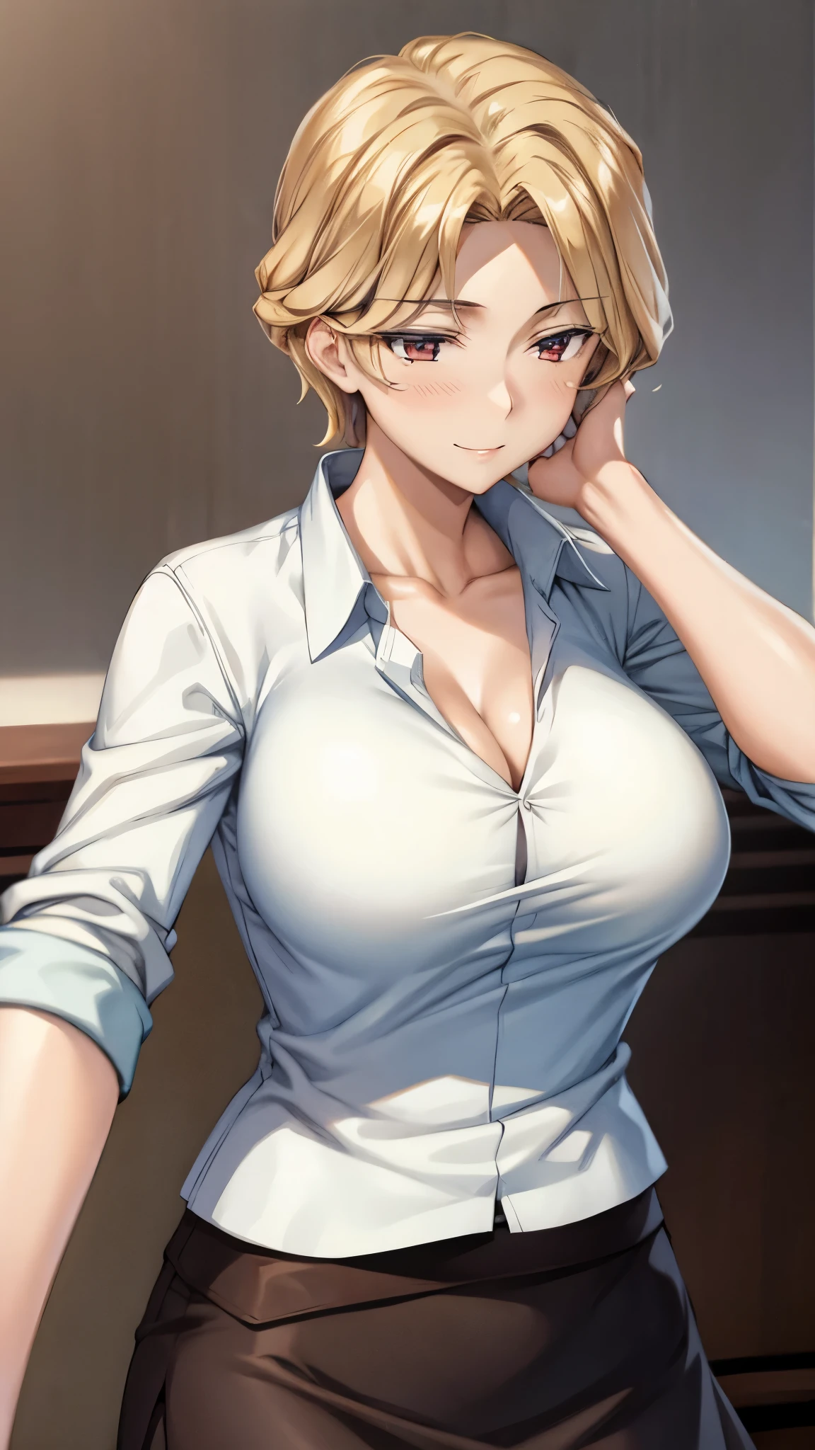 (super quality,in the bathroom,16k,Super Masterpiece,Ultra HD ,detailed shading and background,) upper body shot from below,sexy mature woman, Gold,white shirt with cuffed sleeves for men,tight tight skirt,cleavage,necklace,Big Breasts,cover,with a maternal smile,Open your lips a little,place one hand on the side of your head,living room,