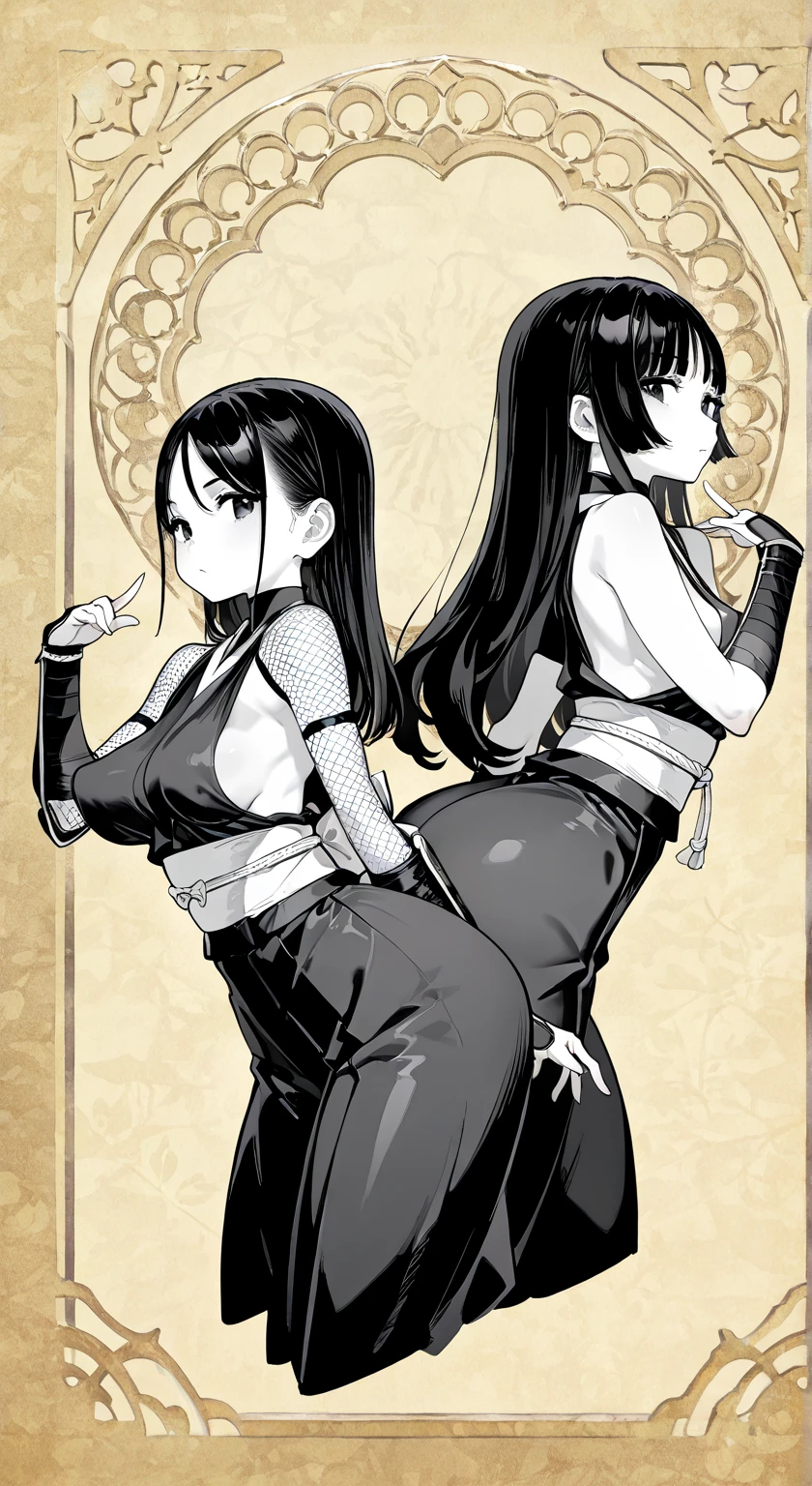 a drawing of a woman in a white top and black pants, thick black lineart, hands behind her body pose!, anime pose, thick lineart, thick outline, cell shaded adult animation, sketchy artstyle, character is in her natural pose, fight pose, thick outlines, fighting pose, badass pose, fighter pose, fully body pose, attack pose