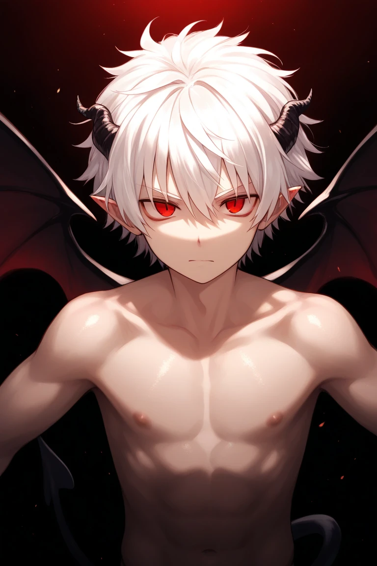Demon Souls, teenager, pose sexy, horns, Red eyes, by white, anime, portrait, Ahegao, masculine, big smile, white hair, Ahegao.