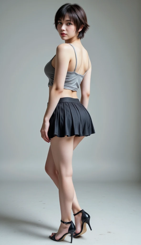 ,1girl,standing,facing viewer, brunette, short hair, smiling, fullbody, tall, large chest, muscular, converse shoes, skirt, hands on waist, athletic, powerful, glasses, midriff