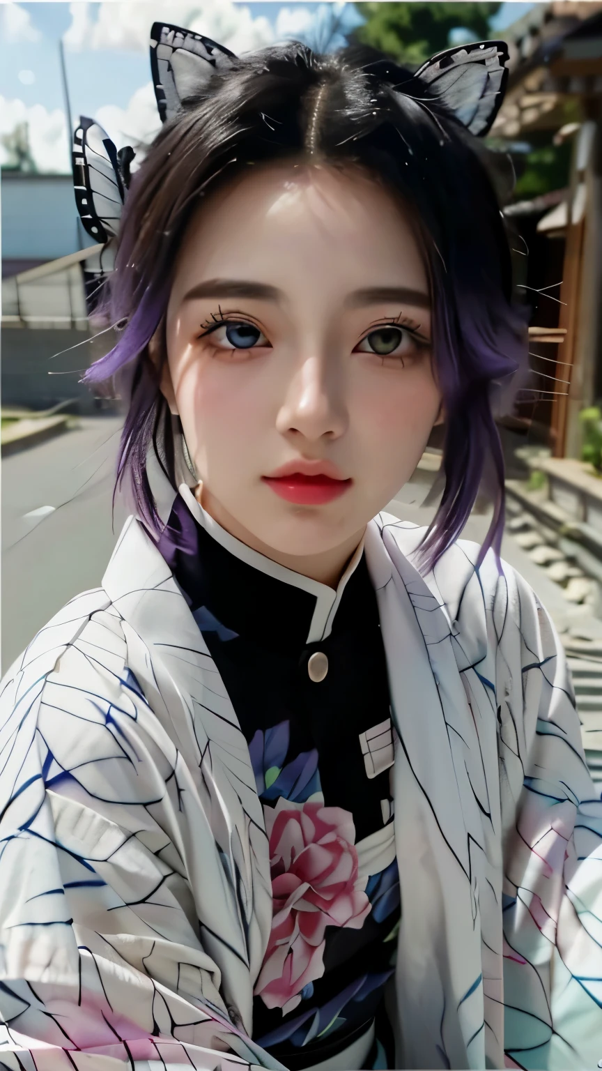 Close-up of a woman with purple hair in a kimono, anime girl in real life, hyper Real anime , Stunning Anime Figure Portrait, Fujifilm-style animation, Animated realistic  style,  beautiful anime portrait , Real anime , Real cosplay , Real anime  3 d style, realistic style, Portrait of anime girl, Real anime  artstyle, Animated realistic 