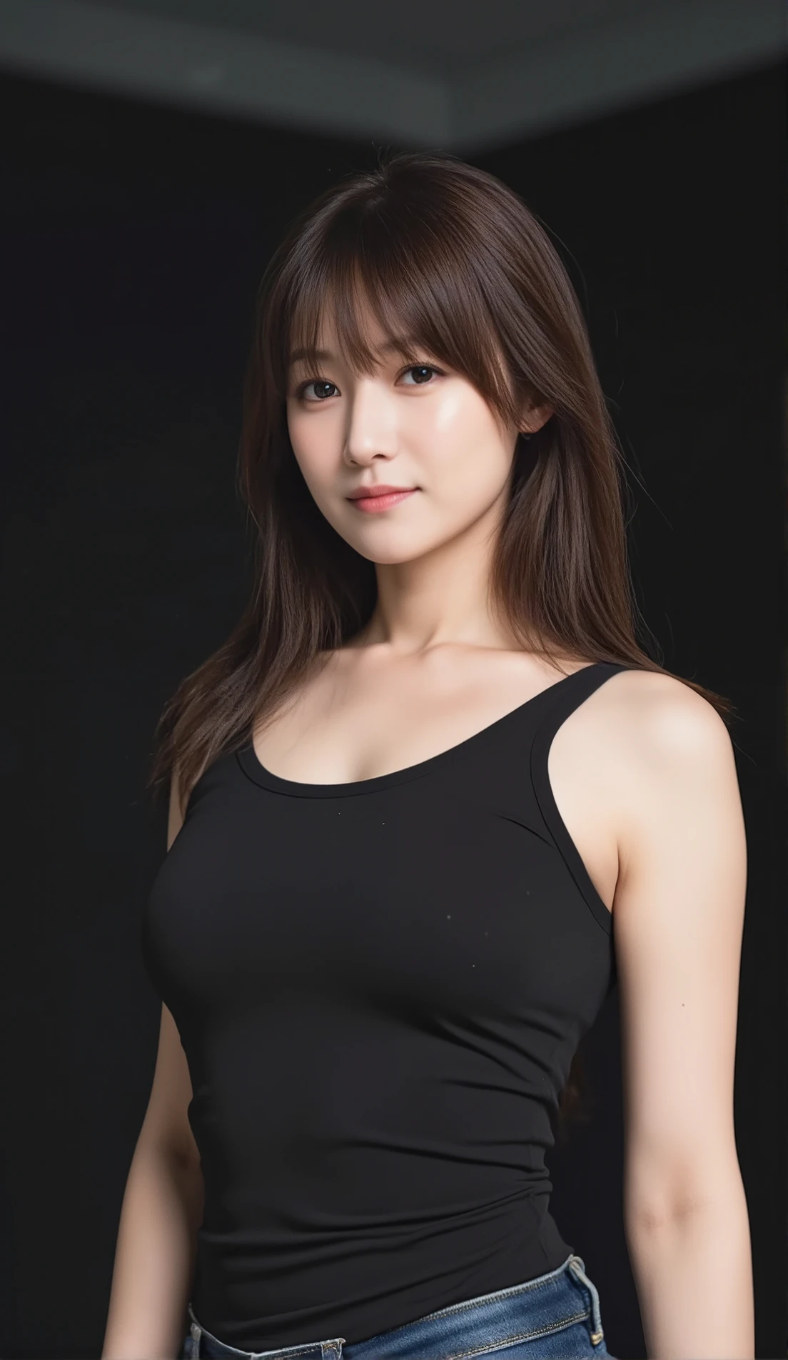 (mature adult woman wearing a leotard１By people),beautiful black hair,super straight hair,With bangs,((Fluttering Hair)), realistic person images in dark waters,Realism,Best Quality,mastepeice,Best Quality,best image quality,highest resolution,fine details,Beautiful detailed face,black eyes,((realistic skin)),detailed background,( Exact Upper Body),(perfect upper body),(((upper body))),((Realismのある肌)),(smiles),(((super big ))),(((((Wear jeans))))),(((((wear a tank top))))),((( standing))),(((((Large breasts)))),((((Wear)))),((((In a dark alley)))),