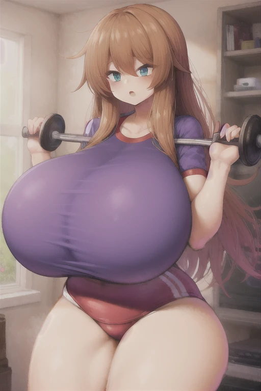 1 girl，extremely huge，in the gym，Ride on a giant balancing ball，sweating，