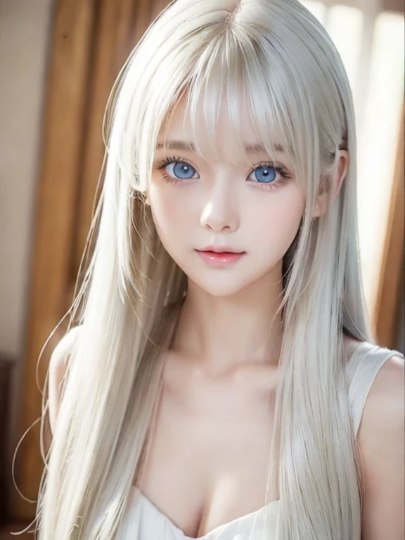 silver shiny hair, super long straight silky hair, dazzling blonde super long silky hair, cute little beautiful face of 16 years old, beautiful girl, sparkling blonde dancing in front of her cute face, long silky bangs covering the space between her eyes, very beautiful, bright, large, bright blue eyes, very big eyes, hair hiding her face, sexy cute young woman with super long bangs, very white skin, cheek gloss highlighter, small beautiful face, round face, ample bust, nipples, embarrassed face, Light pink small nipples