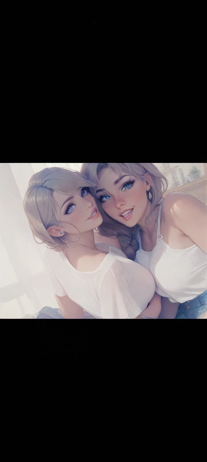 Realistic, 2 girls, selfie, face sitting on extra large zoom bed, face enhancement, smile, looking up, looking here, cleavage emphasis