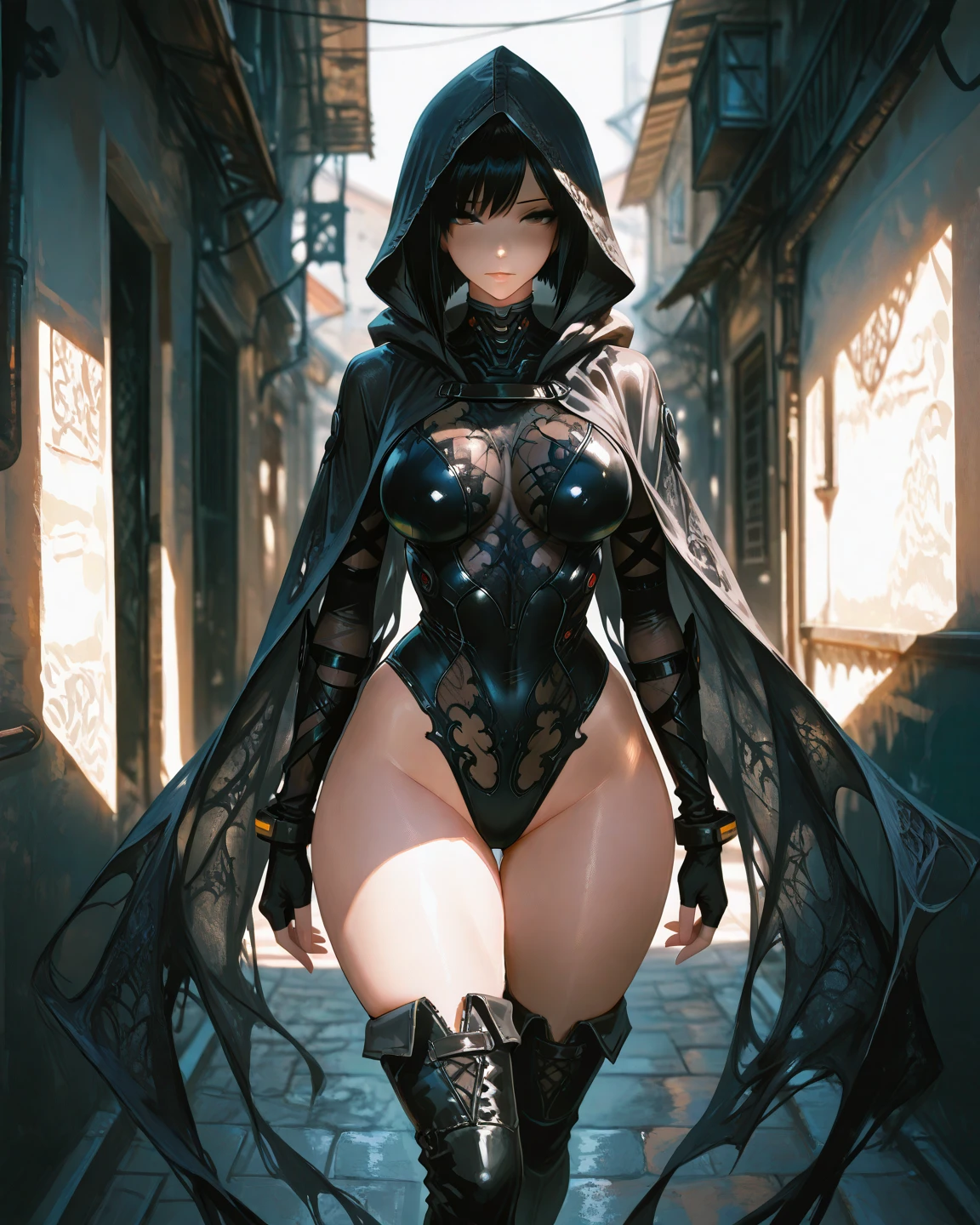 ((full body, standing, standing on the ground)),Laurana, large breasts1, ((black with parts in white/ninja costume)), very tight on body, Japanese demon mask on face, she is in a macabre temple with full moon raining a lot,she has ((blue hair, red eyes)), face with red cheeks, light makeup on her face, 16k, highres, award-winning, best quality, super detail, super detail, textured leather, ccurate, UHD, masterpiece, anatomically correct