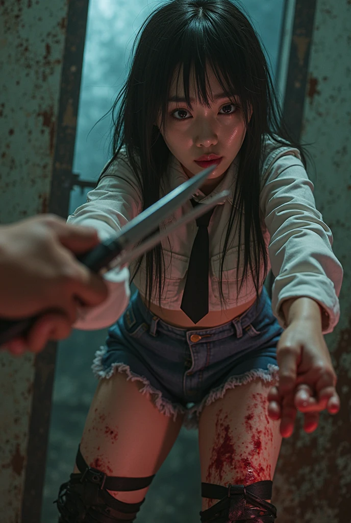 A cover image of a woman in a Thai student uniform fighting fiercely against a horde of zombies wearing different clothing. Blood is splattered, and a baseball bat is hit on the head of the zombies. She is wearing tattered clothes. The scene is dark and atmospheric, with a realistic and fierce style. The background image conveys modern-day Thailand, and a Thai tuk-tuk is also included in the image.