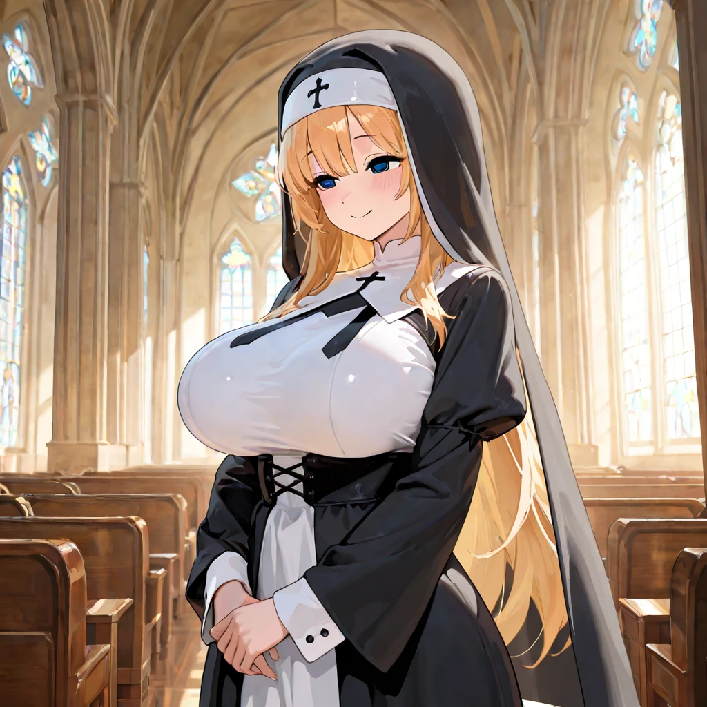 solo 1 praying num standing in church, praying with holding hands together, (long (black) sheer nun's robe:1.2), (huge breasts), very thin waist, closing eyes, nose blush, heavy breathing, stained glass