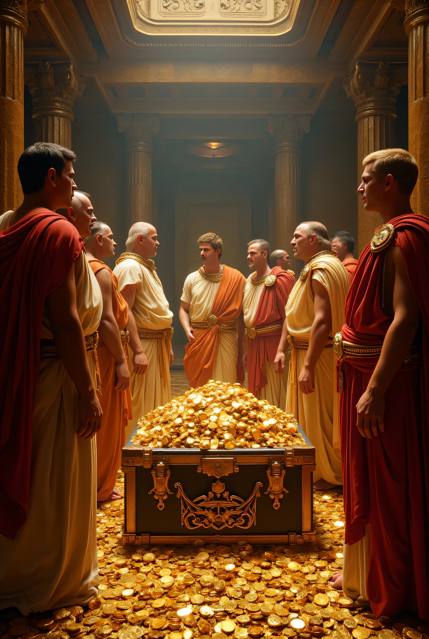**Prompt:** Create a hyperrealistic digital artwork set during the ancient Greek era, depicting a vast treasure vault flooded with billions in treasure. The scene captures several ancient Greek patriarchs, clad in ornate togas, as they valiantly hold open a massive chest brimming with gold and jewels. Use a cinematic camera angle that emphasizes the wealth and prosperity of the scene, showcasing the intricate details of their clothing and the texture of the treasures. Employ an octane 3D rendering technique with a 50mm lens shot to ensure ultra-realistic depth and detail. Aim for the best photography composition, utilizing a full depth of field and optimal aperture settings to create an immersive environment. Incorporate a cinematic vibe with balanced compositions and stunning lighting concepts, reminiscent of National Geographic photography. The artwork should reflect a blend of photorealism and hyperrealism, with attention to realistic human anatomy in their poses and expressions. Let the artistic style be inspired by elements seen in the game Far Cry 5, and ensure the final piece resonates with viewers on platforms like CGSociety and DeviantArt.