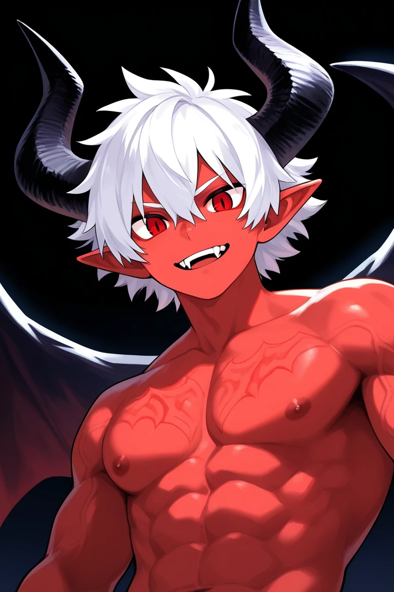 Red faceless male human Lucifer with black horns black wings black claws surrounded by devilish babies with wings and claws and black eyes