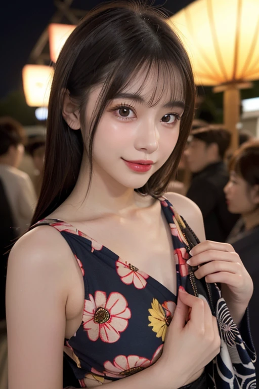 1 Japanese girl,(Floral Dress:1.4), (RAW Photos, Highest quality), (Realistic, Realistic:1.4), Tabletop, Very delicate and beautiful, Very detailed, 8k wallpaper, wonderful, In detail, Very detailedなCG Unity, High resolution, Soft Light, A beautifully drawn 19-year-old girl in detail, Very detailedな目と顔, Beautiful and detailed nose, Beautiful details,Cinema Lighting,City lights at night,Perfect Anatomy,Slender body,smile (My hair is messy, Asymmetrical bangs, Black Hair,semi-long)