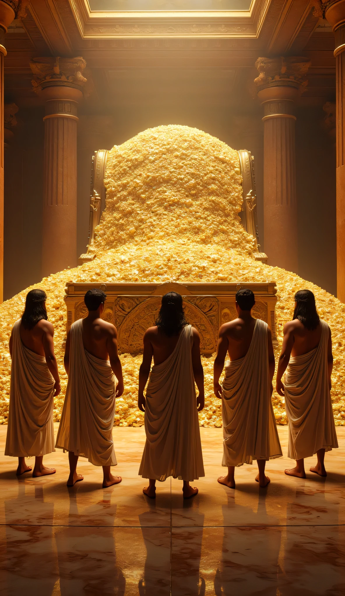 **Prompt:** Create a hyperrealistic digital artwork set during the ancient Greek era, depicting a vast treasure vault flooded with billions in treasure. The scene captures several ancient Greek patriarchs, clad in ornate togas, as they valiantly hold open a massive chest brimming with gold and jewels. Use a wide cinematic camera angle that emphasizes the wealth and prosperity of the scene, showcasing the intricate details of their clothing and the texture of the treasures. Employ an octane 3D rendering technique with a 50mm lens shot to ensure ultra-realistic depth and detail. Aim for the best photography composition, utilizing a full depth of field and optimal aperture settings to create an immersive environment. Incorporate a cinematic vibe with balanced compositions and stunning lighting concepts, reminiscent of National Geographic photography. The artwork should reflect a blend of photorealism and hyperrealism, with attention to realistic human anatomy in their poses and expressions. Let the artistic style be inspired by elements seen in the game Far Cry 5, and ensure the final piece resonates with viewers on platforms like CGSociety and DeviantArt.