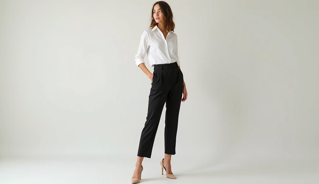 Crisp White Shirt + Black Trousers + Nude Heels from head to toe
