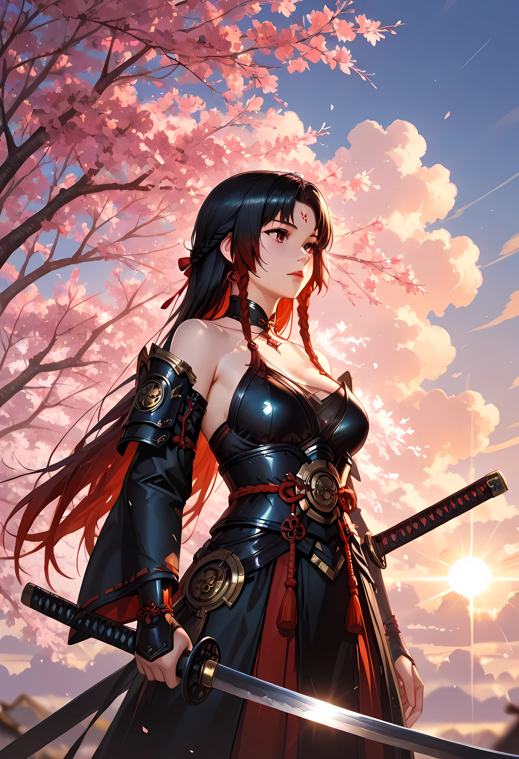 a woman samurai under the cherry tree at sunset, beautiful woman samurai, she holds an epic katana blade, the blade reflects light, ultra feminine, long hair, braided hair, dynamic hair color, an epic cherry tree, many branches, colorful, the sun rays come between the leaves and branches, light reflection, it is sunset, some clouds, award winning, photorealism, depth of field, hyper realistic, Cinematic Shot, fantasy, LOAsuccXL, strapless