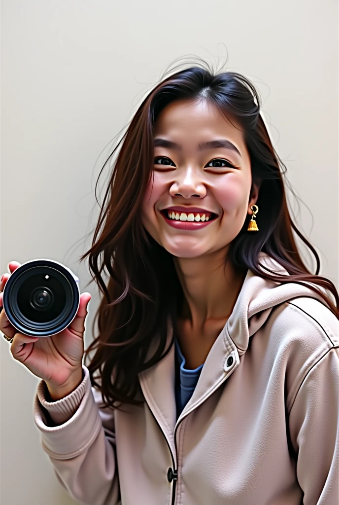 Create an image of a young Asian woman with long, straight black hair and a fringe, smiling warmly at the camera. She is wearing a white hoodie with the text 'MILKFED' in red on the front. In her hand, she is holding a printed photo. The photo shows another young woman in a bikini top, blowing bubbles with a green grassy background. The woman holding the photo is pointing at it with her other hand, emphasizing a playful and cheerful mood. The background is plain and neutral, keeping the focus on the two women