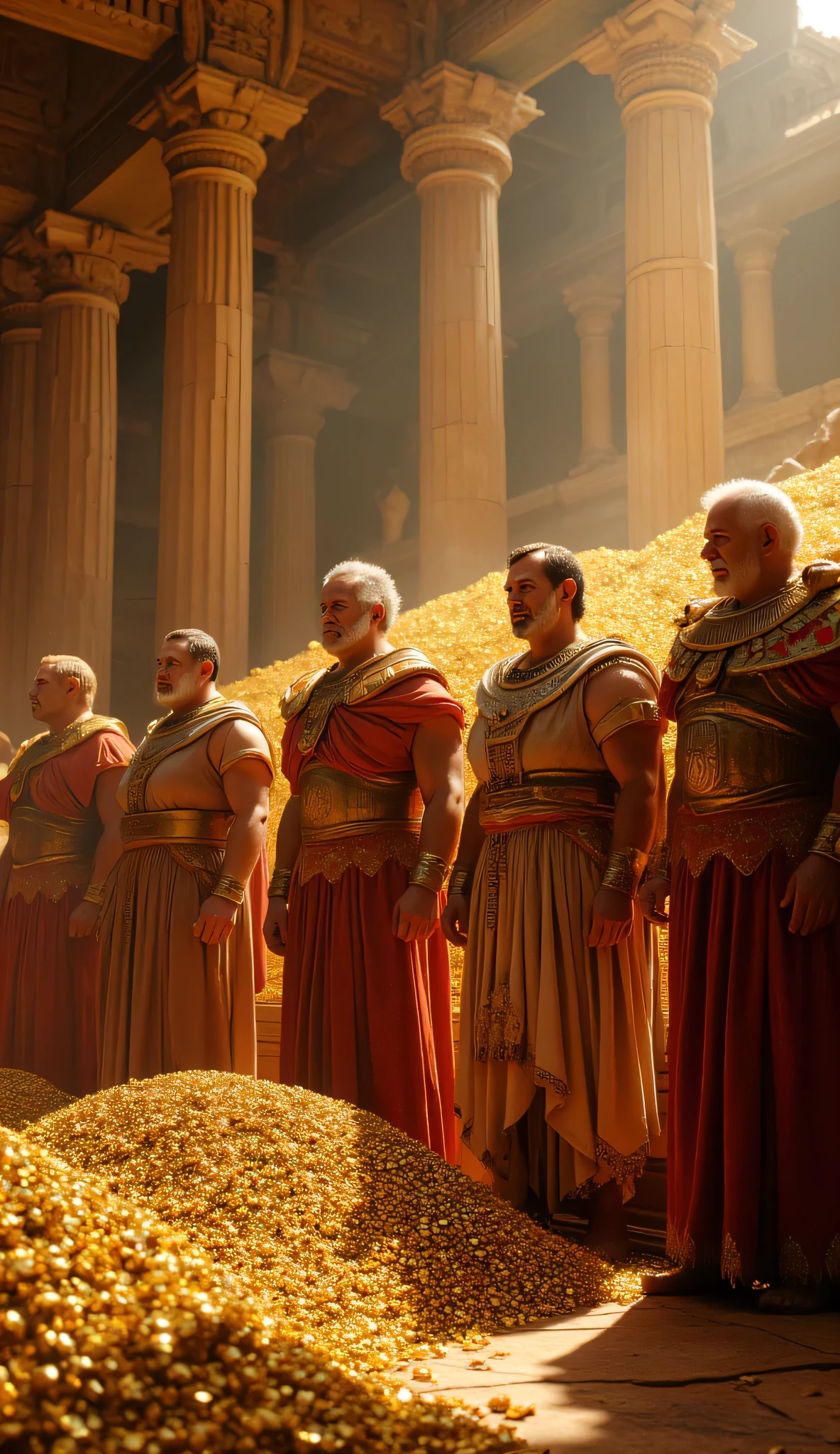 **Prompt:** Create a hyperrealistic digital artwork set during the ancient Greek era, depicting a vast treasure vault flooded with billions in treasure. The scene captures several ancient Greek patriarchs, clad in ornate togas, as they valiantly hold open a massive chest brimming with gold and jewels. Use a wide panoramic camera angle that emphasizes the wealth and prosperity of the scene, showcasing the intricate details of their clothing and the texture of the treasures. Employ an octane 3D rendering technique with a 50mm lens shot to ensure ultra-realistic depth and detail. Aim for the best photography composition, utilizing a full depth of field and optimal aperture settings to create an immersive environment. Incorporate a cinematic vibe with balanced compositions and stunning lighting concepts, reminiscent of National Geographic photography. The artwork should reflect a blend of photorealism and hyperrealism, with attention to realistic human anatomy in their poses and expressions. Let the artistic style be inspired by elements seen in the game Far Cry 5, and ensure the final piece resonates with viewers on platforms like CGSociety and DeviantArt.