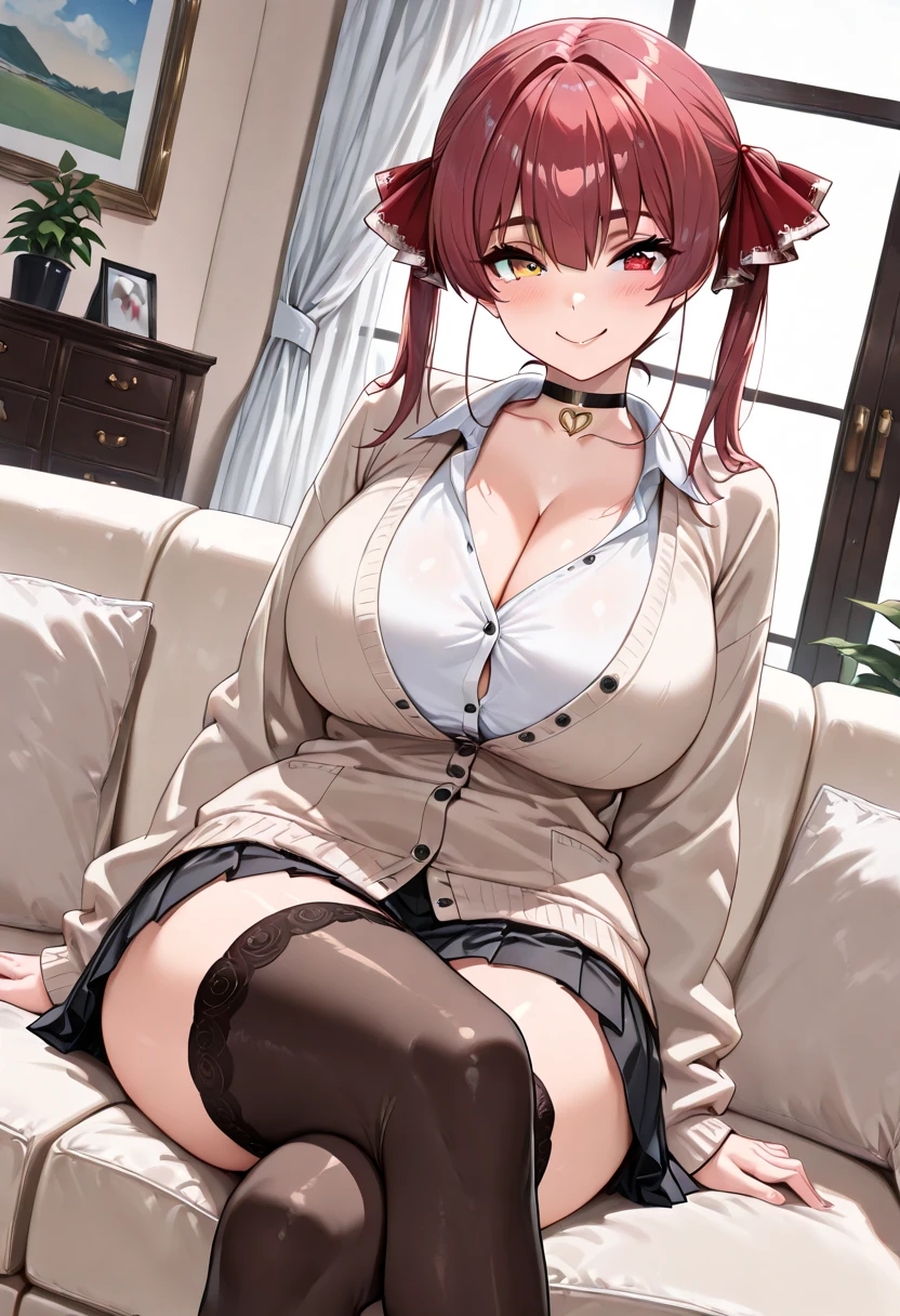 Breast Focus , ((Best Quality)), ((masutepiece)), Perfect face, , school girl uniform , mini skirt , (((Black long Gloves))) , skin dantation , huge breasted , ((Gigantic breasted)) , (Black Over Knee High) , (((crotch tatoo))) , eyeshadows , ((gleaming skin)) , Collar , Pivic_The tattoo , Vulgarity, zettai ryouiki , (thick thight) , looking at viewer , classroom , sitting on the chair , Navel exposure , valley , neck tie , teak , Tear bag , 耳环 , Ultramammy , Glossy skin , sweat