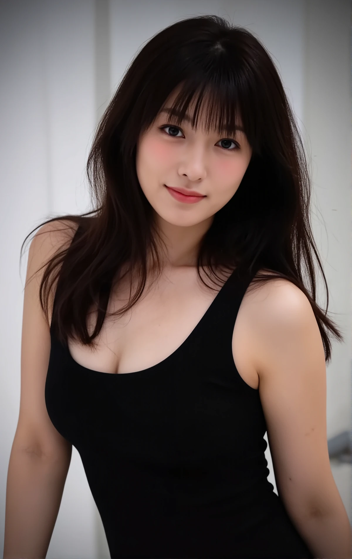 (mature adult woman wearing a leotard1By people),beautiful black hair,super straight hair,With bangs,((Fluttering Hair)), realistic person images in dark waters,Realism,Best Quality,mastepeice,Best Quality,best image quality,highest resolution,fine details,Beautiful detailed face,black eyes,((realistic skin)),detailed background,( Exact Upper Body),(perfect upper body),(((upper body))),((Realismのある肌)),(smiles),(((super big ))),(((((Wear jeans))))),(((((wear a tank top))))),((( standing))),(((((Large breasts)))),((((Wear)))),((((In a dark alley)))),