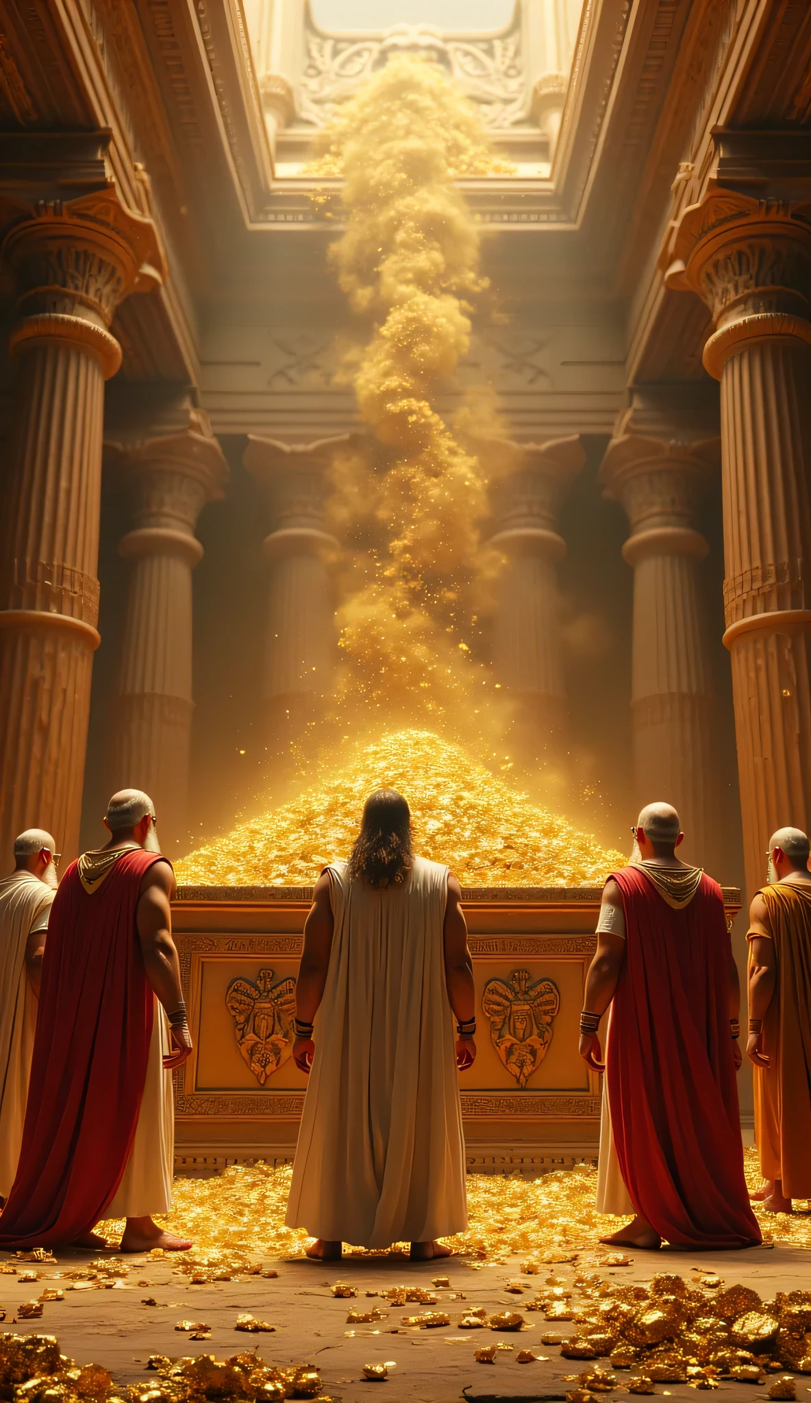 **Prompt:** Create a hyperrealistic digital artwork set during the ancient Greek era, depicting a vast treasure vault flooded with billions in treasure. The scene captures several ancient Greek patriarchs, clad in ornate togas, as they valiantly hold open a massive chest brimming with gold and jewels. Use a wide panoramic camera angle that emphasizes the wealth and prosperity of the scene, showcasing the intricate details of their clothing and the texture of the treasures. Employ an octane 3D rendering technique with a 50mm lens shot to ensure ultra-realistic depth and detail. Aim for the best photography composition, utilizing a full depth of field and optimal aperture settings to create an immersive environment. Incorporate a cinematic vibe with balanced compositions and stunning lighting concepts, reminiscent of National Geographic photography. The artwork should reflect a blend of photorealism and hyperrealism, with attention to realistic human anatomy in their poses and expressions. Let the artistic style be inspired by elements seen in the game Far Cry 5, and ensure the final piece resonates with viewers on platforms like CGSociety and DeviantArt.