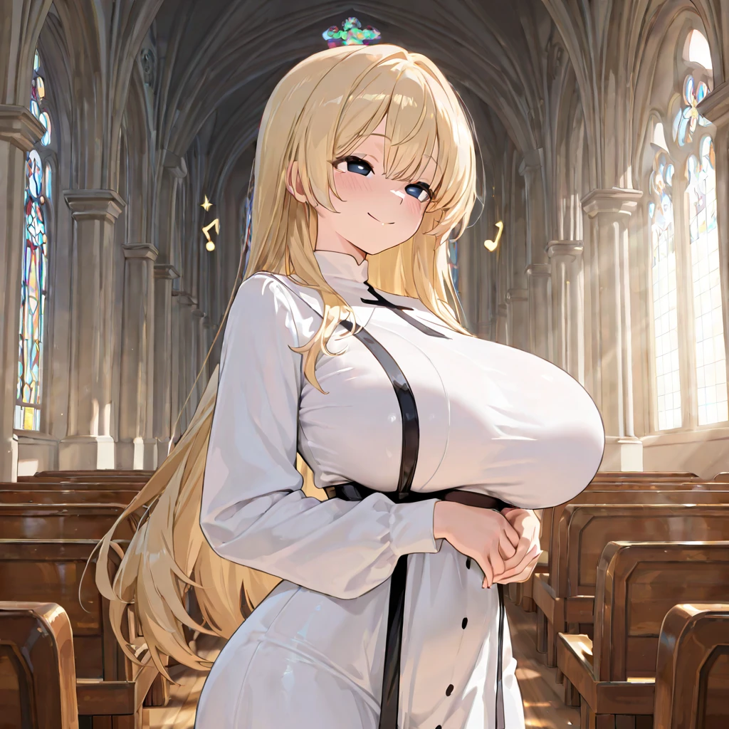 masterpiece, Highest quality, High Resolution, HS1,blush、smile,NSFW、church、Big Breasts、Stained glass、Tank top only
