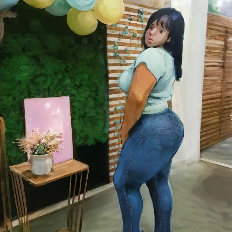 a close up of a woman in jeans posing for a picture, 🐎🍑, skinny waist and thick hips, 2 4 year old female model, jeans, blue jeans, sexy look, showing her shoulder from back, curvy accentuated booty, waist - shot, long shot from back, middle shot waist up, backview, shot from the back, beautiful girl, big ass, huge ass, bbw, from behind, thick, thick thighs, wide hips, bbw, big , sideboob, giant ass, side view, big butt, round butt, tight underwear, underwear halfway off, underwear taking off, grabbing ass, ass spilling over underwear, too thick for clothes, facing left, nude