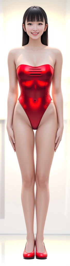 On a white background,A tall and beautiful Chinese girl,with fair skin,Toothy smile,A big smile,When you laugh, Your eyes are crescent-shaped,blunt bangs, long straight hair,Wear a one-piece swimsuit and pumps,Swimsuits are decorated with joyful patterns, Stand up straight,Stand upright,hands on sides,Symmetrical distribution,Ray tracing,All shaded areas,No windows, Soft lighting, Warm light, flood light, n, Studio light, 1.4x Realistic Ultra HD
