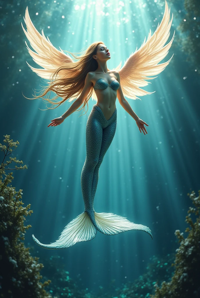 Prompt: “A fish with iridescent wings swimming in the deep sea, leaping out of the water and soaring through the air, resembling a celestial angel, capturing the enchanting Aquaris Seraphim.”
